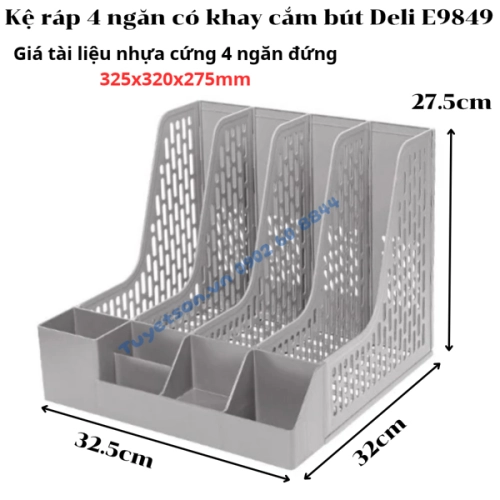 display Kệ rỗ 4 ngăn có khay cắm bút Deli 9849 - E9849 kệ ráp giá đựng tài liệu nhựa cứng 4 ngăn đứng 325x320x275mm 2