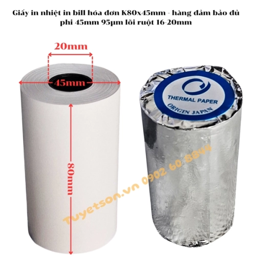display Giấy in nhiệt in bill hóa đơn K80x45mm - hàng đảm bảo đủ phi 45mm 95µm lõi ruột 16-20mm 1