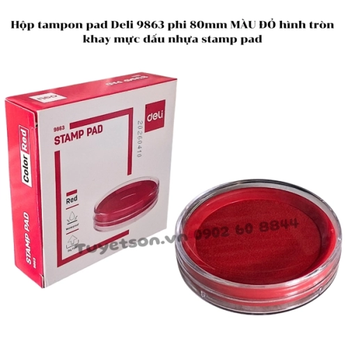display Hộp tampon pad Deli 9863 phi 80mm MÀU ĐỎ hình tròn - khay mực dấu nhựa stamp pad 1