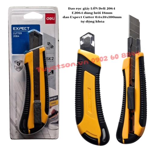 display Dao rọc giấy LỚN Deli 2064 - E2064 dùng lưỡi 18mm dao Expect Cutter 0.6x18x100mm tự động khóa 1